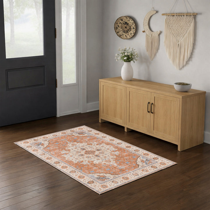 YUIlili Vintage Oriental Area Rug Navy Blue Beige Gold Soft Non-Slip Machine Washable Carpet for Living Room, Bedroom, Hallway Runner Indoor Rugs #AZJL160