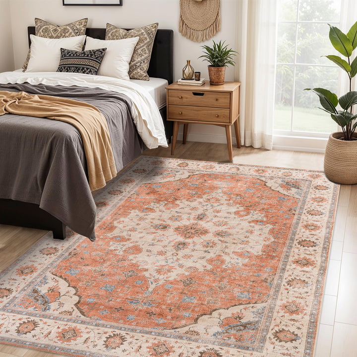 YUIlili Vintage Oriental Area Rug Navy Blue Beige Gold Soft Non-Slip Machine Washable Carpet for Living Room, Bedroom, Hallway Runner Indoor Rugs #AZJL160