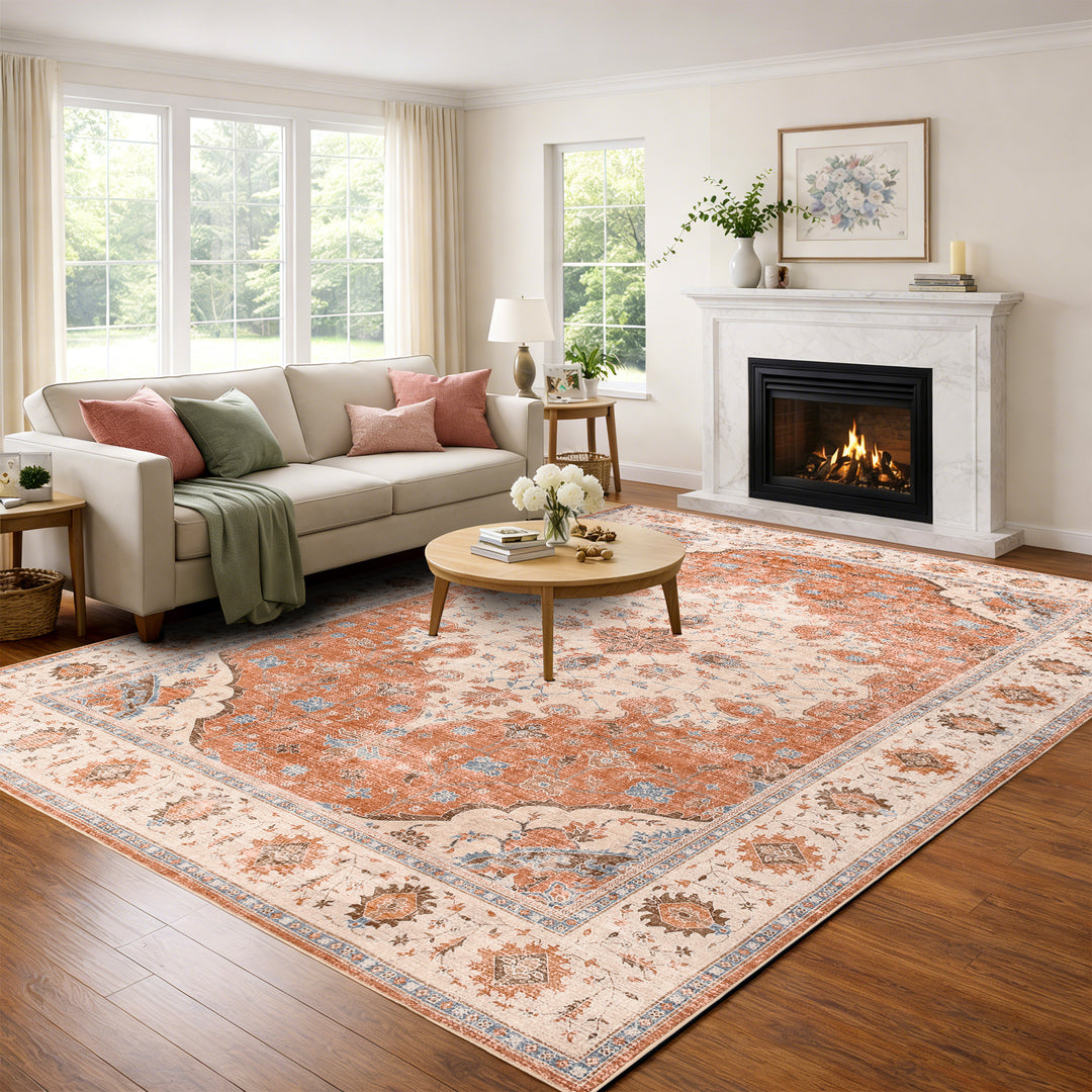 YUIlili Vintage Oriental Area Rug Navy Blue Beige Gold Soft Non-Slip Machine Washable Carpet for Living Room, Bedroom, Hallway Runner Indoor Rugs #AZJL160