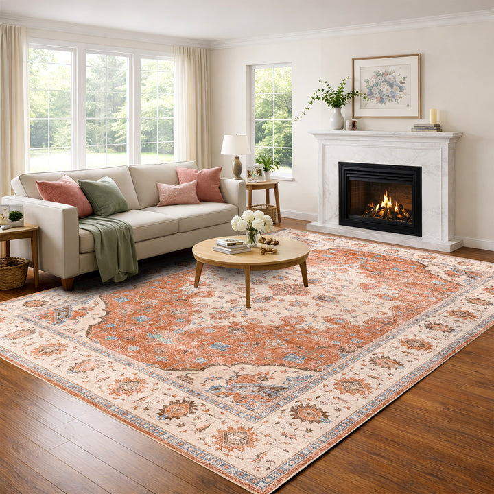 YUIlili Vintage Oriental Area Rug Navy Blue Beige Gold Soft Non-Slip Machine Washable Carpet for Living Room, Bedroom, Hallway Runner Indoor Rugs #AZJL160
