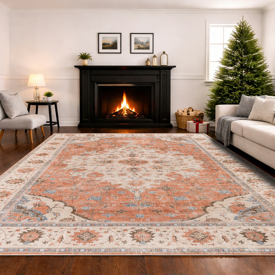 YUIlili Vintage Oriental Area Rug Navy Blue Beige Gold Soft Non-Slip Machine Washable Carpet for Living Room, Bedroom, Hallway Runner Indoor Rugs #AZJL160