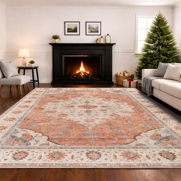 YUIlili Vintage Oriental Area Rug Navy Blue Beige Gold Soft Non-Slip Machine Washable Carpet for Living Room, Bedroom, Hallway Runner Indoor Rugs #AZJL160