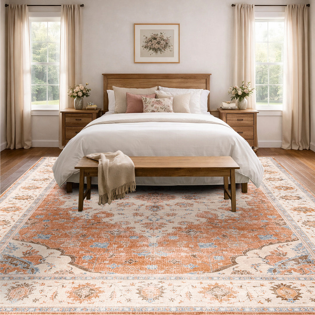 YUIlili Vintage Oriental Area Rug Navy Blue Beige Gold Soft Non-Slip Machine Washable Carpet for Living Room, Bedroom, Hallway Runner Indoor Rugs #AZJL160