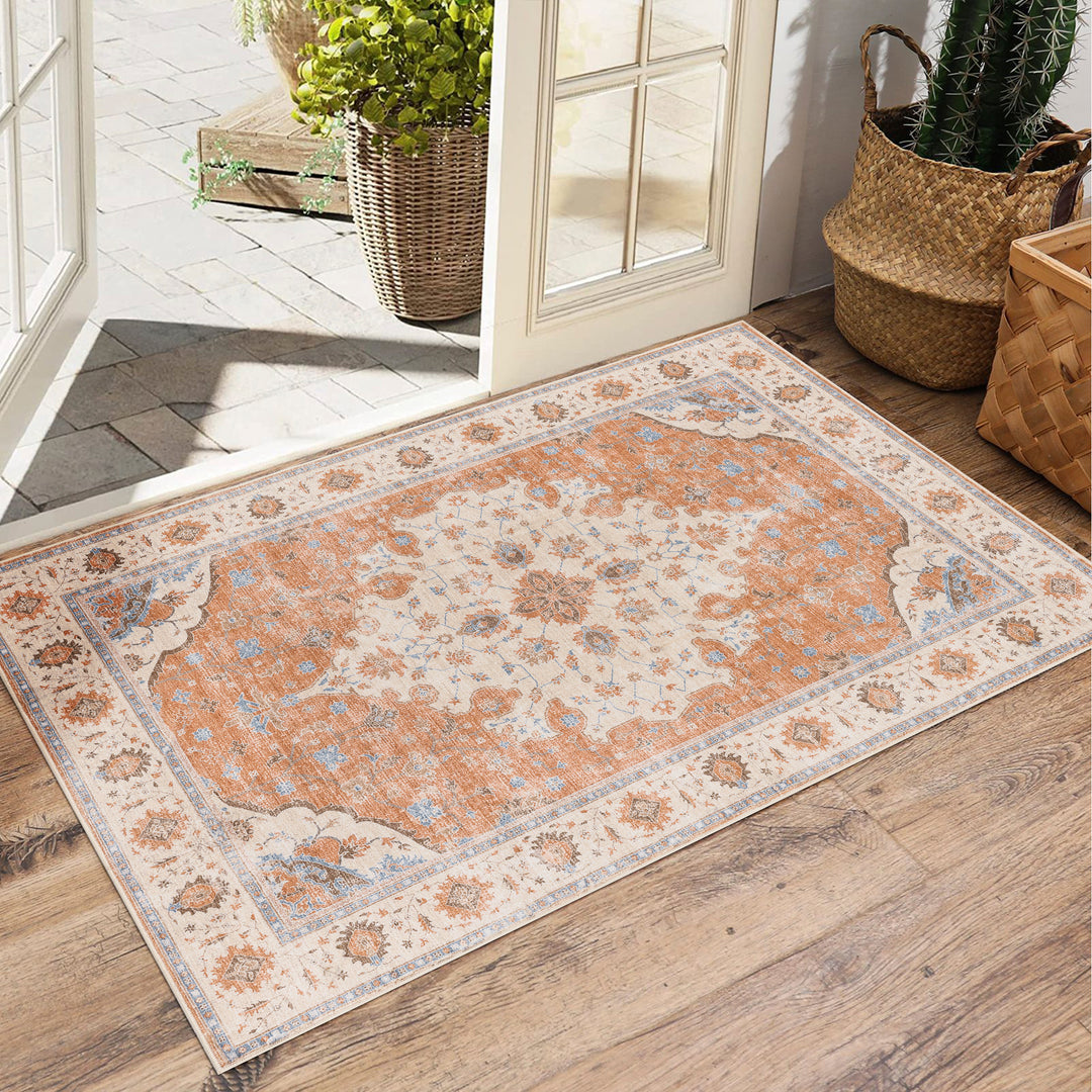 YUIlili Vintage Oriental Area Rug Navy Blue Beige Gold Soft Non-Slip Machine Washable Carpet for Living Room, Bedroom, Hallway Runner Indoor Rugs #AZJL160