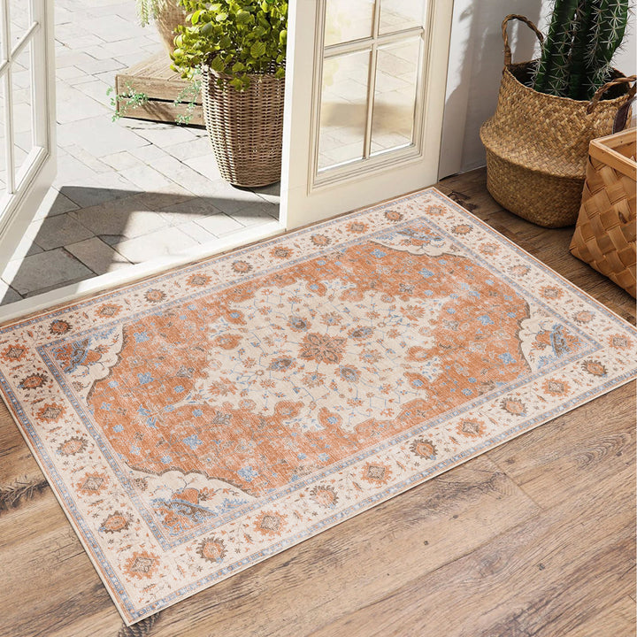 YUIlili Vintage Oriental Area Rug Navy Blue Beige Gold Soft Non-Slip Machine Washable Carpet for Living Room, Bedroom, Hallway Runner Indoor Rugs #AZJL160
