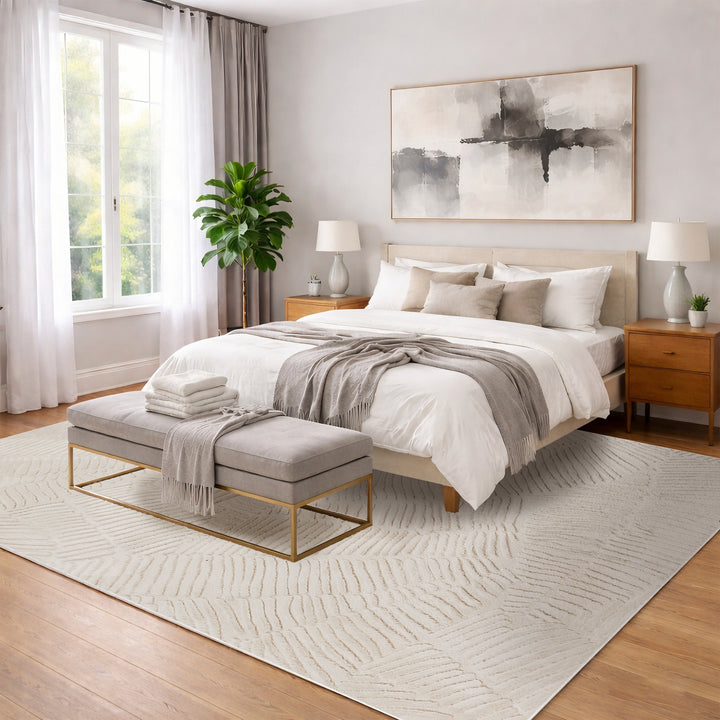 YUIlili Modern Faux Fur Geometric Area Rug Beige/White Soft High-Low Pile Non-Slip Machine Washable Carpet for Bedroom Nursery Indoor Rugs #AZJL340