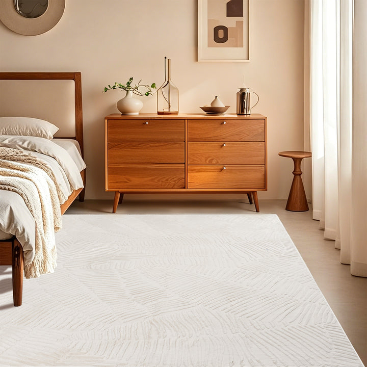 YUIlili Modern Faux Fur Geometric Area Rug Beige/White Soft High-Low Pile Non-Slip Machine Washable Carpet for Bedroom Nursery Indoor Rugs #AZJL340