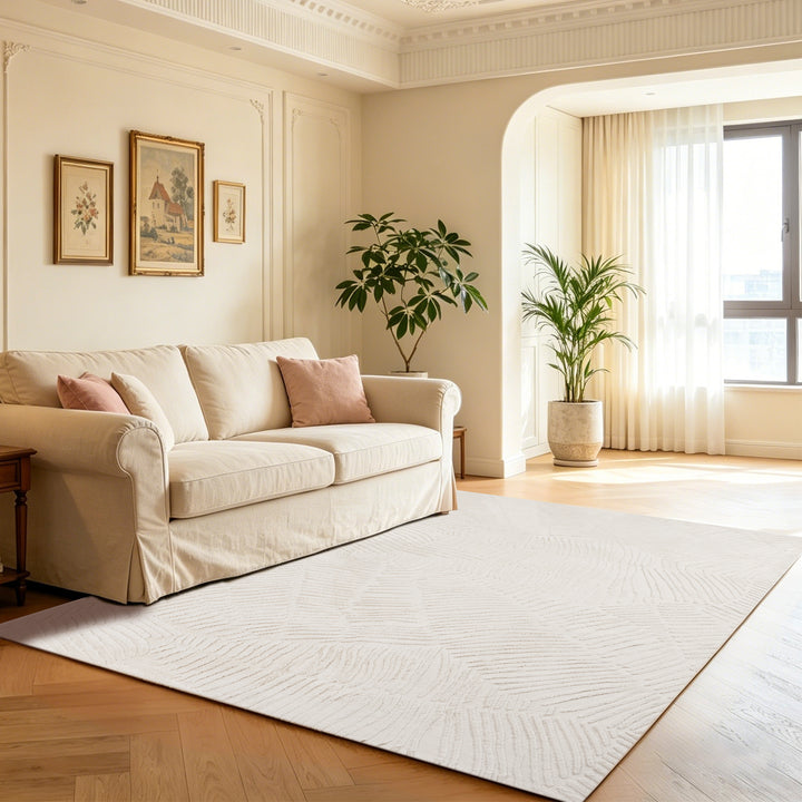 YUIlili Modern Faux Fur Geometric Area Rug Beige/White Soft High-Low Pile Non-Slip Machine Washable Carpet for Bedroom Nursery Indoor Rugs #AZJL340