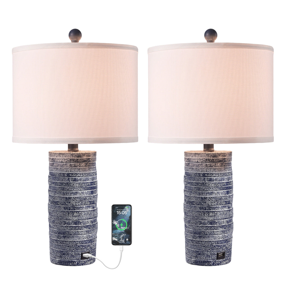 Maxax 23" Farmhouse Table Lamps Set of 2 with USB Ports, 3-Way Dimmable Resin Bedside Lamps for Living Room, Nightstand, Bedroom #T188