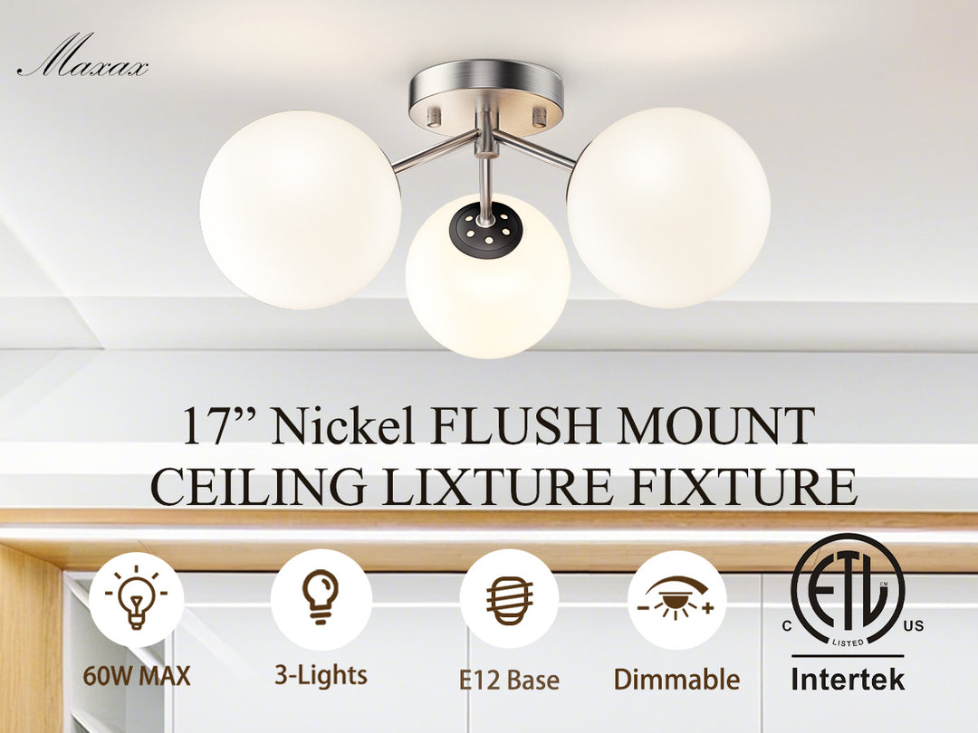 Maxax 3 Globe Ceiling Light 17 Inch Mid Century Modern Semi Flush Mount Ceiling Light Fixture for Bedroom,Living Room,Dinning Room, Foyer, Hallway #19228