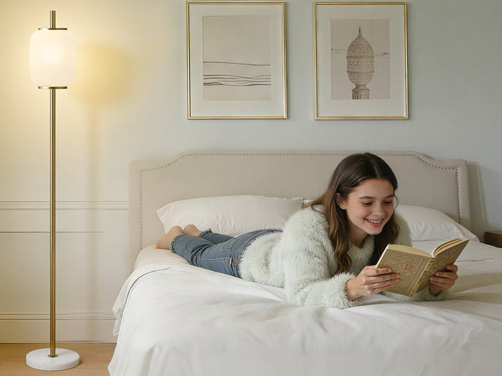 64" Modern Brass Floor Lamp With Ribbed Green Glass Shade And Marble Base, Tall Standing Light For Living Room And Bedroom #