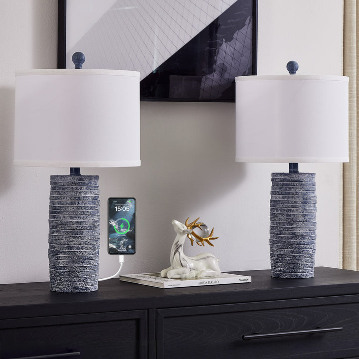 Maxax 23" Farmhouse Table Lamps Set of 2 with USB Ports, 3-Way Dimmable Resin Bedside Lamps for Living Room, Nightstand, Bedroom #T188