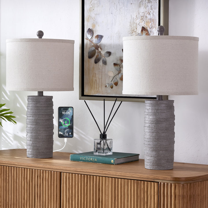 Maxax 23" Farmhouse Table Lamps Set of 2 with USB Ports, 3-Way Dimmable Resin Bedside Lamps for Living Room, Nightstand, Bedroom #T188