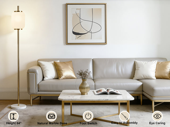 64" Modern Brass Floor Lamp With Ribbed Green Glass Shade And Marble Base, Tall Standing Light For Living Room And Bedroom #