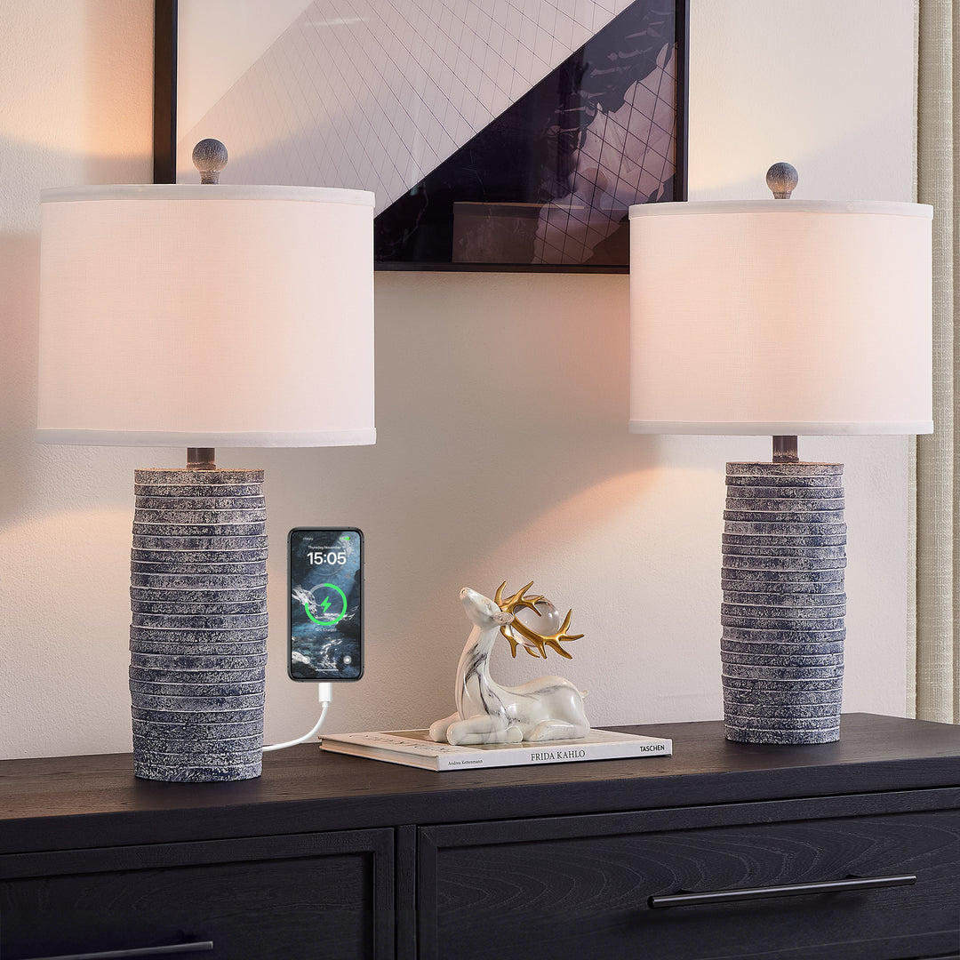 Maxax 23" Farmhouse Table Lamps Set of 2 with USB Ports, 3-Way Dimmable Resin Bedside Lamps for Living Room, Nightstand, Bedroom #T188