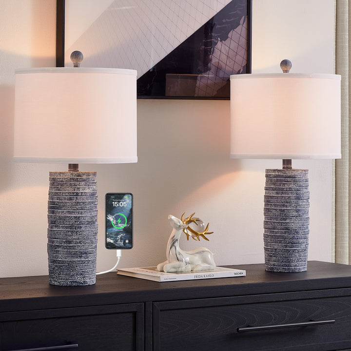 Maxax 23" Farmhouse Table Lamps Set of 2 with USB Ports, 3-Way Dimmable Resin Bedside Lamps for Living Room, Nightstand, Bedroom #T188