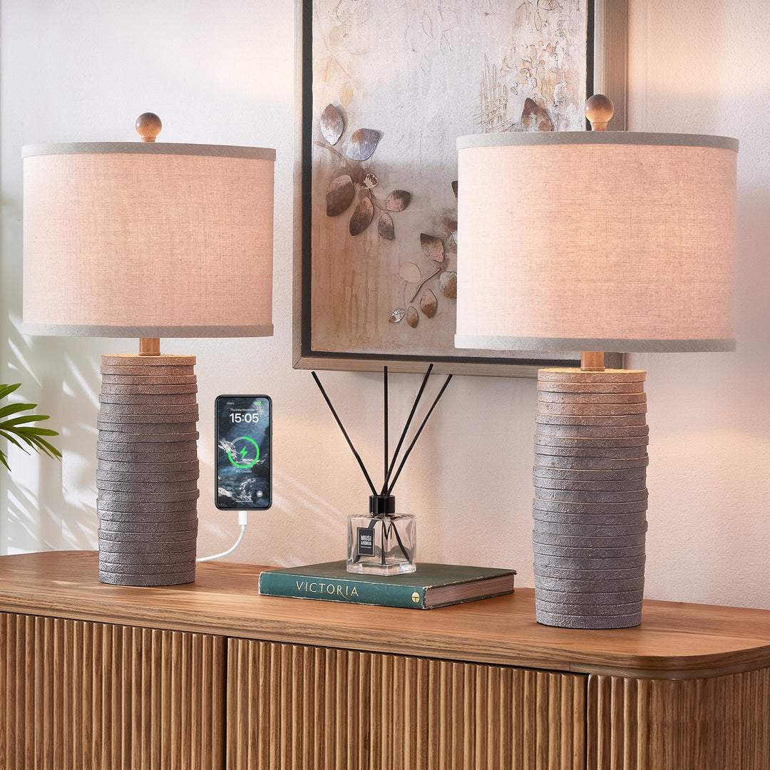 Maxax 23" Farmhouse Table Lamps Set of 2 with USB Ports, 3-Way Dimmable Resin Bedside Lamps for Living Room, Nightstand, Bedroom #T188