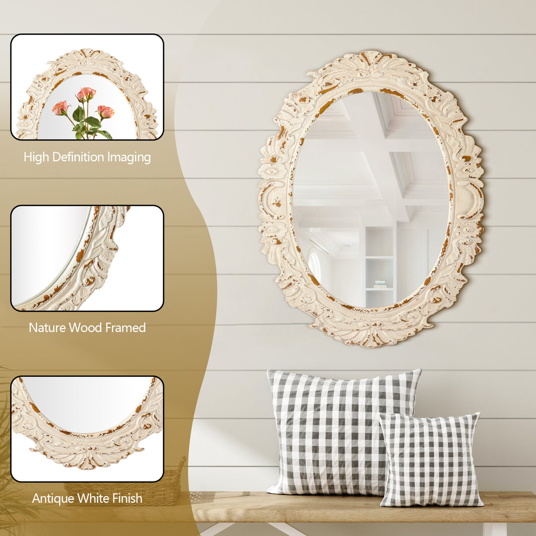 26 in. W x 34 in. H Antiqued White Baroque Oval Framed Wall Bathroom Vanity Mirror #25011