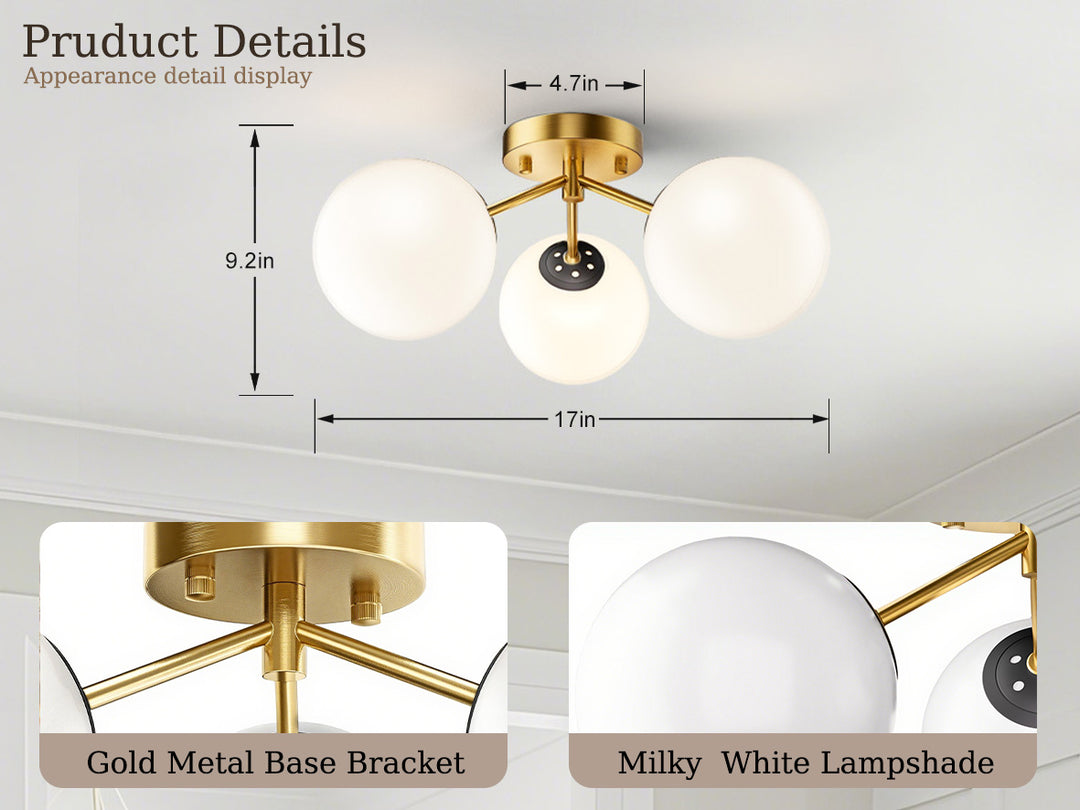 Maxax 3 Globe Ceiling Light 17 Inch Mid Century Modern Semi Flush Mount Ceiling Light Fixture for Bedroom,Living Room,Dinning Room, Foyer, Hallway #19228