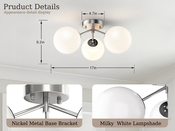 Maxax 3 Globe Ceiling Light 17 Inch Mid Century Modern Semi Flush Mount Ceiling Light Fixture for Bedroom,Living Room,Dinning Room, Foyer, Hallway #19228