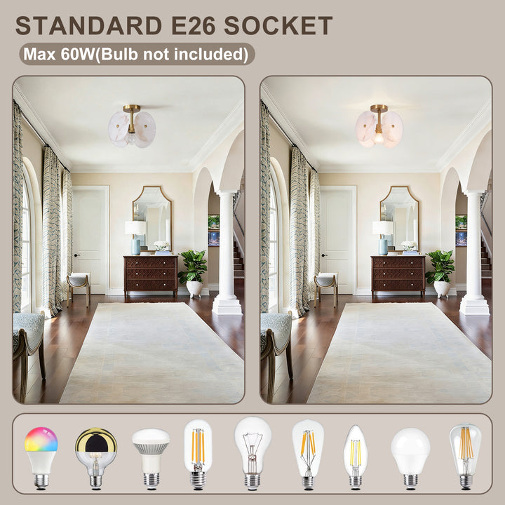 Nest 9.8" 1-Light Modern Brushed Brass Unique/Statement Semi-Flush Mount With White Jade Marble Shade For Hallways, Stairwells & Dining Rooms #19237