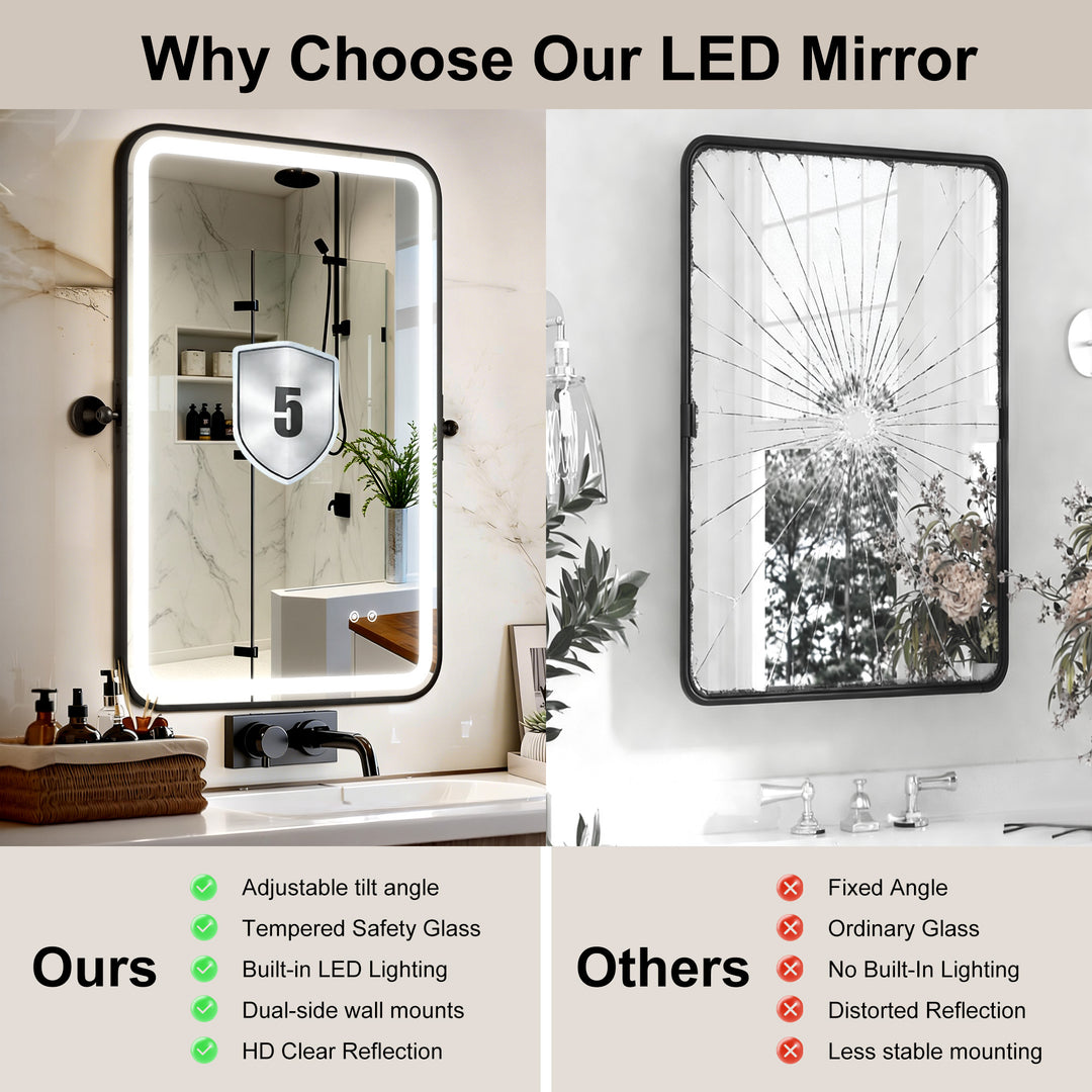 Elevate Home Modern Led Framed Tempered Anti-fog Dimmable 3-color Wall Mounted Vanity Mirror For Bathroom #52001