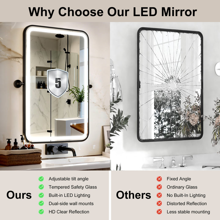 Elevate Home Modern Led Framed Tempered Anti-fog Dimmable 3-color Wall Mounted Vanity Mirror For Bathroom #52001