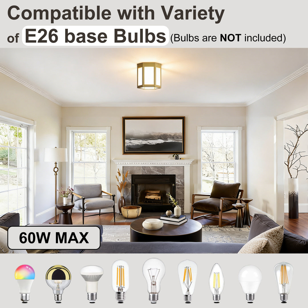 Nest 9.8" 1-Light Modern Brushed Brass White Jade Marble Lantern Flush Mount For Hallway/Entryway/Stairway #19238