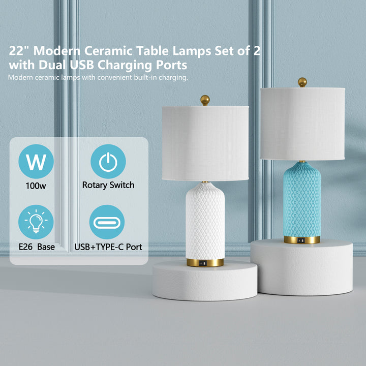 Sculpt 22" Modern Ceramic Table Lamp With Usb And Type-C Charging Polished Gold Base For Bedroom,Nightstand And Living Room (Set of 2) #T284