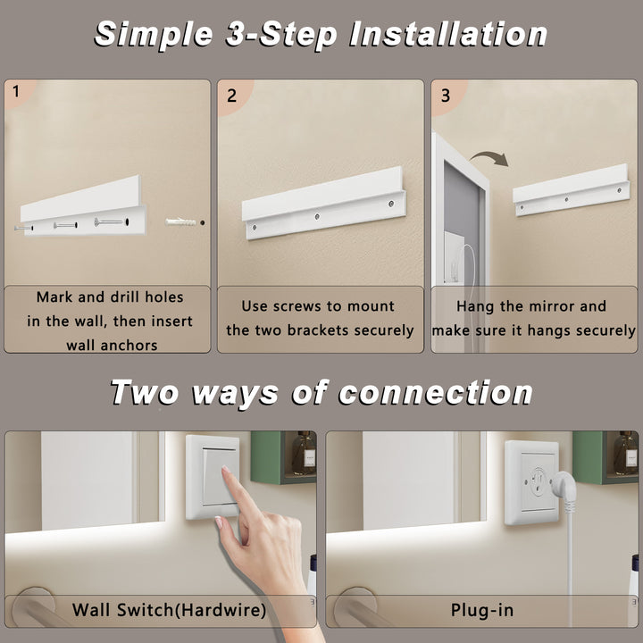 Elevate Home Modern Frameless LED Lighted Anti-Fog Dimmable Tempred Bathroom&Vanity Mirror #BL02
