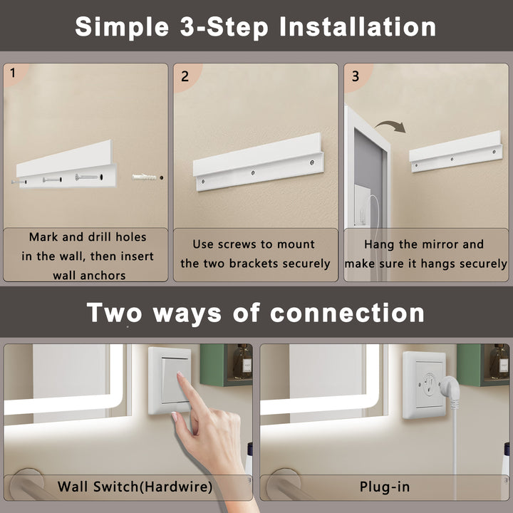 Elevate Home LED Modern Rectangular Anti-Fog Temperature Adjustable Vanity&Bathroom Mirror #RA02