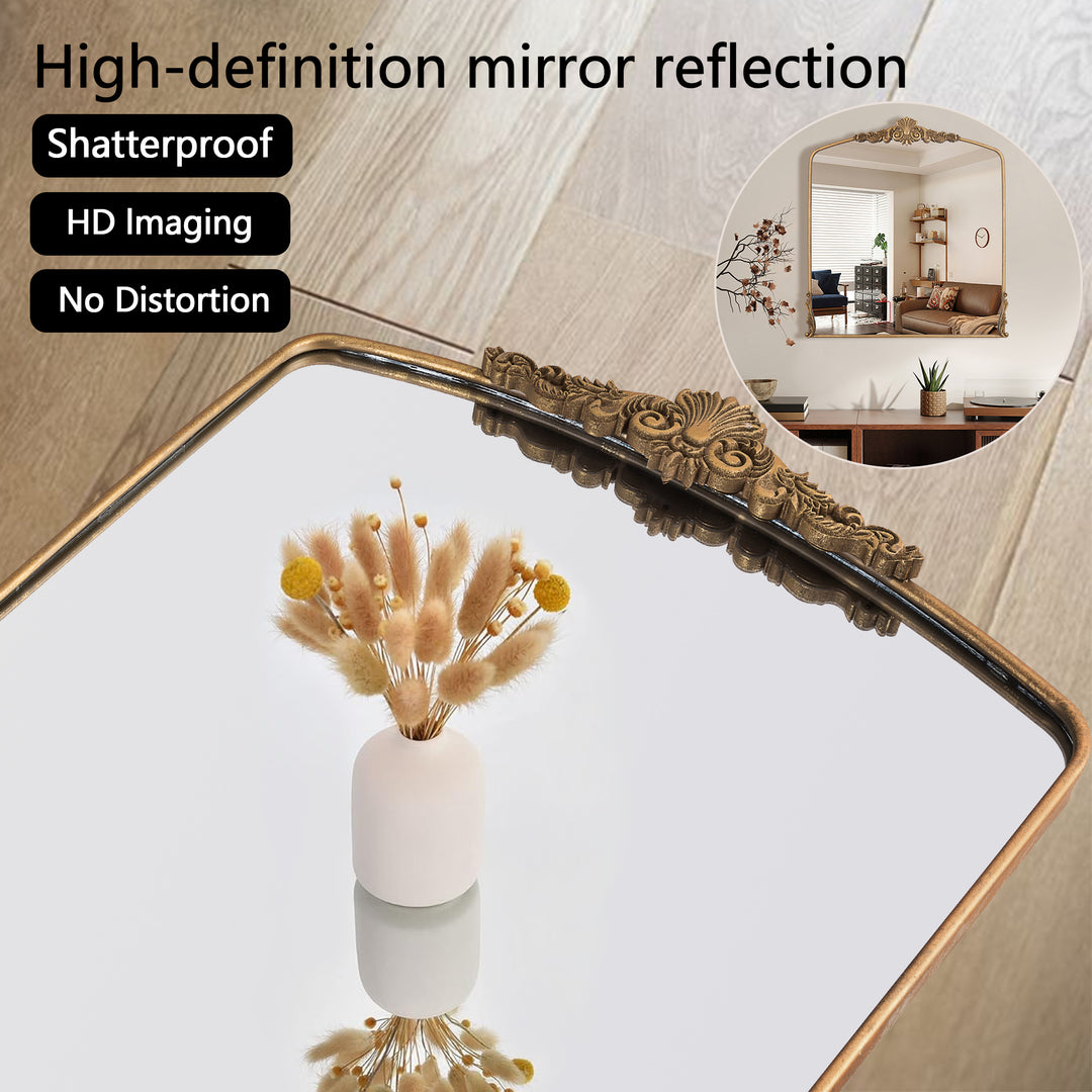 Opulence 37 in. W x 40 in. H Baroque Carved Vintage Gold Arched Framed Wall Bathroom Vanity Mirror #30002