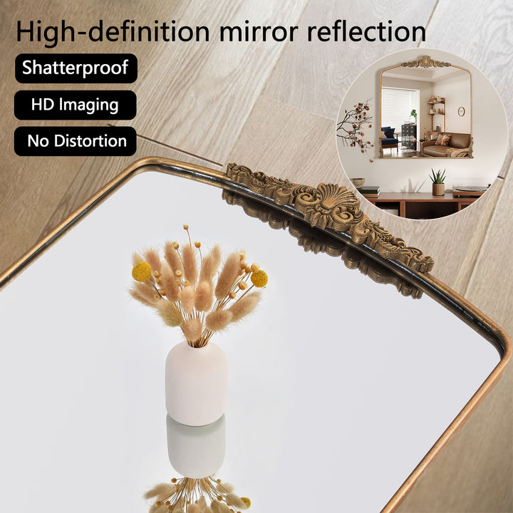 Opulence 37 in. W x 40 in. H Baroque Carved Vintage Gold Arched Framed Wall Bathroom Vanity Mirror #30002