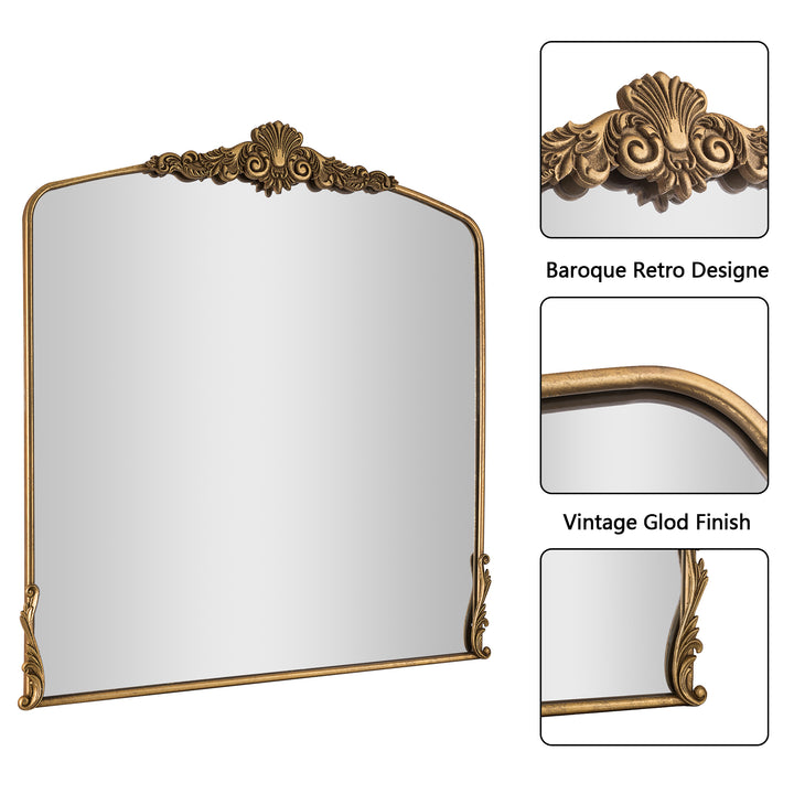 Opulence 37 in. W x 40 in. H Baroque Carved Vintage Gold Arched Framed Wall Bathroom Vanity Mirror #30002