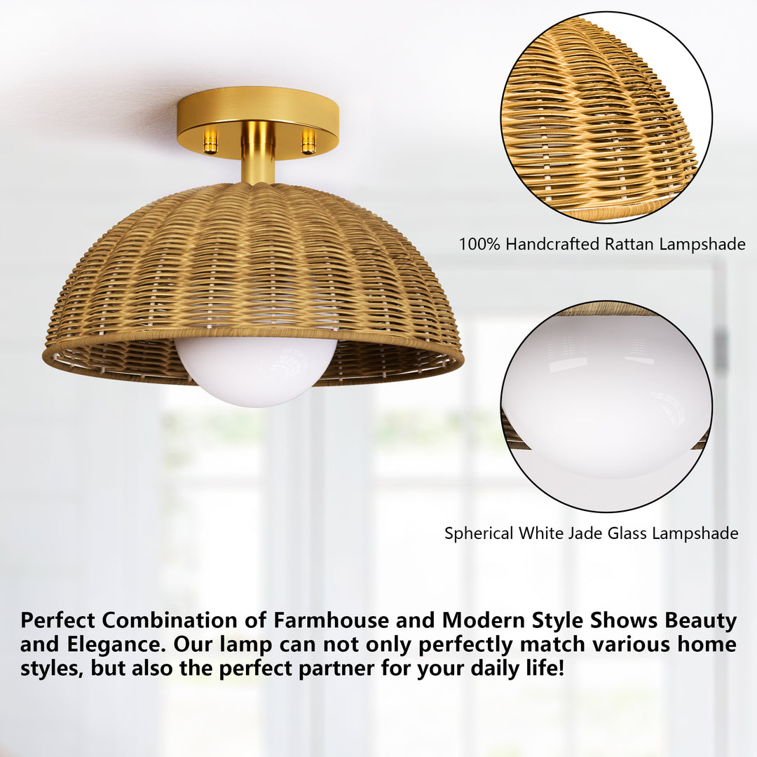 12'' 1-Light Farmhouse Rattan Plait Dome Semi Flush Mount Lighting For Living Room/Bedroom