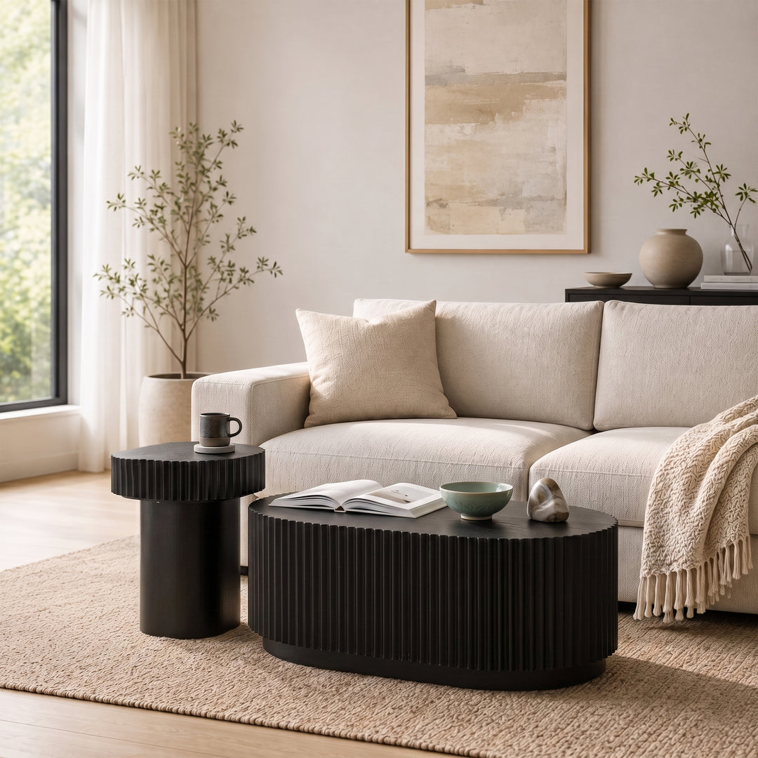 Timeless 2-Piece Mid-Century Modern Coffee Table Set with Oval Drum Coffee Table & Round Pedestal Side Table, Walnut Brown #25037