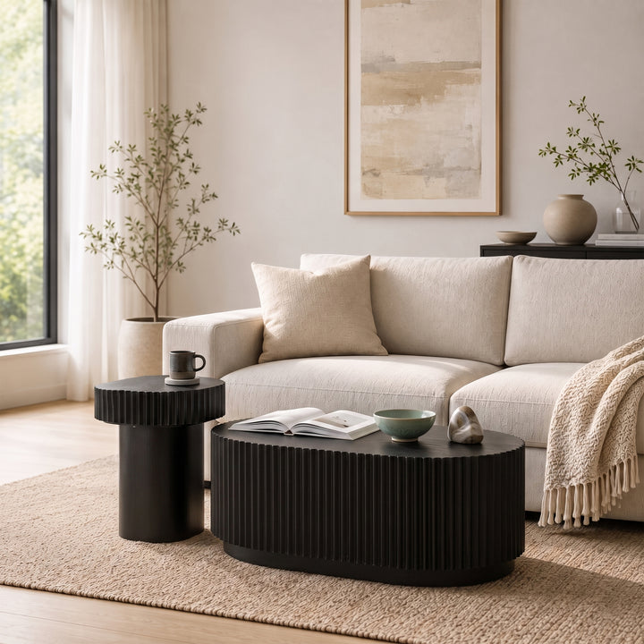 Timeless 2-Piece Mid-Century Modern Coffee Table Set with Oval Drum Coffee Table & Round Pedestal Side Table, Walnut Brown #25037
