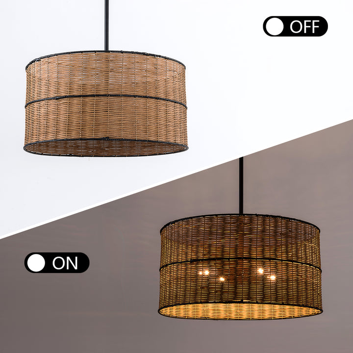 4-Light Drum Rattan Weaving Chandelier For Living Room/Bedroom #28029