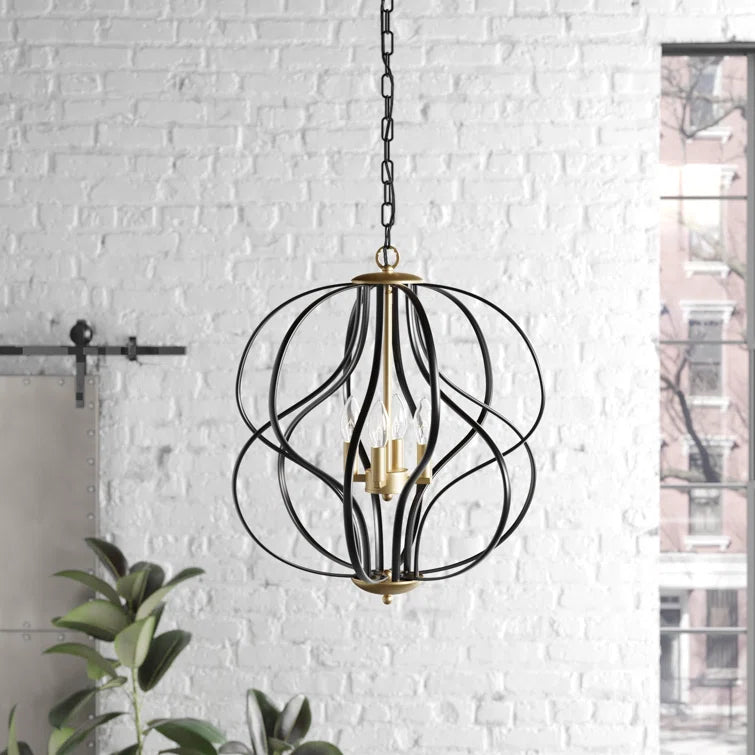 Maxax 4-Light Lantern&Candle Style Globe&Geometric Black&Gold Chandelier With Wrought Iron Accents #MX19118-4BG-P