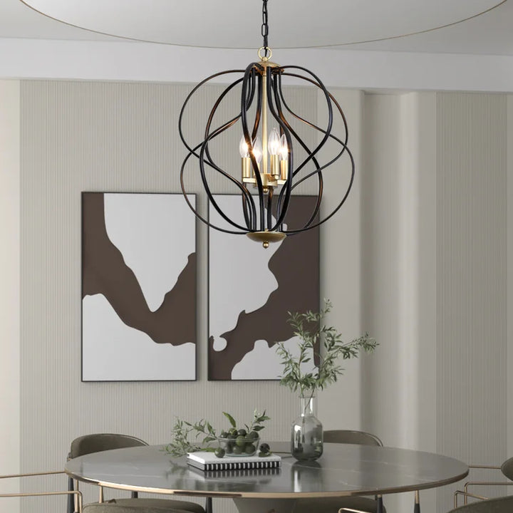 Maxax 4-Light Lantern&Candle Style Globe&Geometric Black&Gold Chandelier With Wrought Iron Accents #MX19118