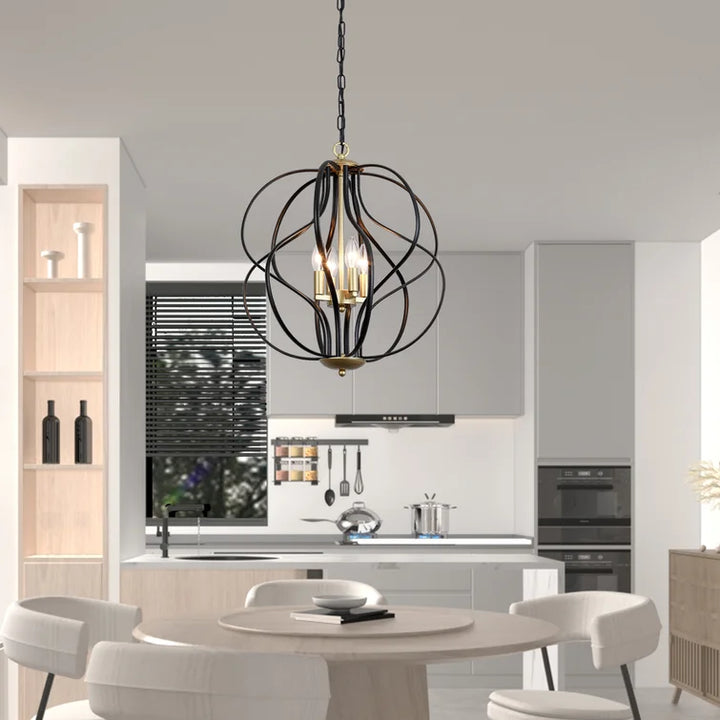 Maxax 4-Light Lantern&Candle Style Globe&Geometric Black&Gold Chandelier With Wrought Iron Accents #MX19118