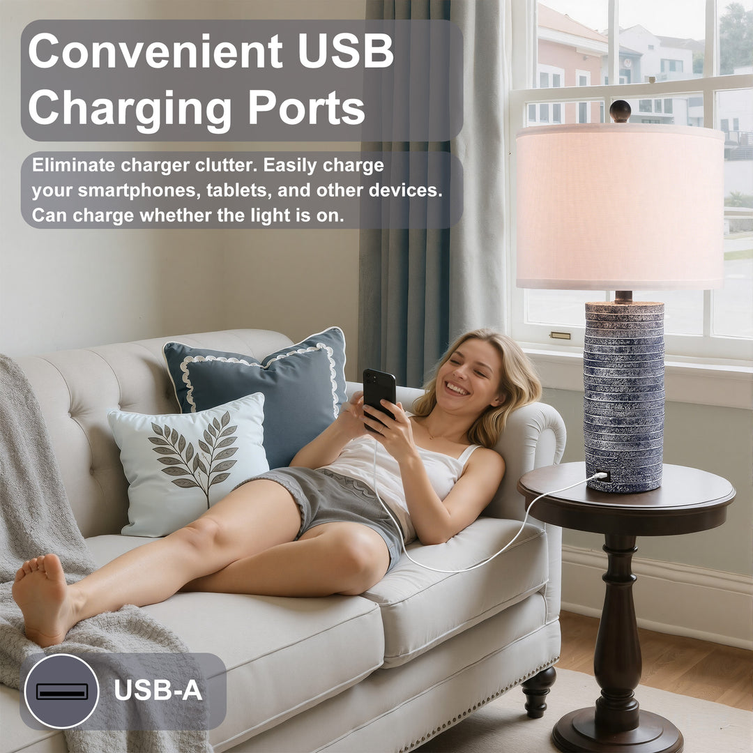 Maxax 23" Farmhouse Table Lamps Set of 2 with USB Ports, 3-Way Dimmable Resin Bedside Lamps for Living Room, Nightstand, Bedroom #T188