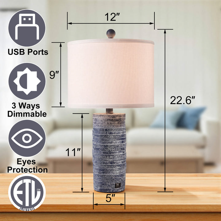 Maxax 23" Farmhouse Table Lamps Set of 2 with USB Ports, 3-Way Dimmable Resin Bedside Lamps for Living Room, Nightstand, Bedroom #T188