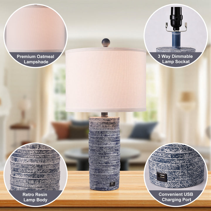 Maxax 23" Farmhouse Table Lamps Set of 2 with USB Ports, 3-Way Dimmable Resin Bedside Lamps for Living Room, Nightstand, Bedroom #T188