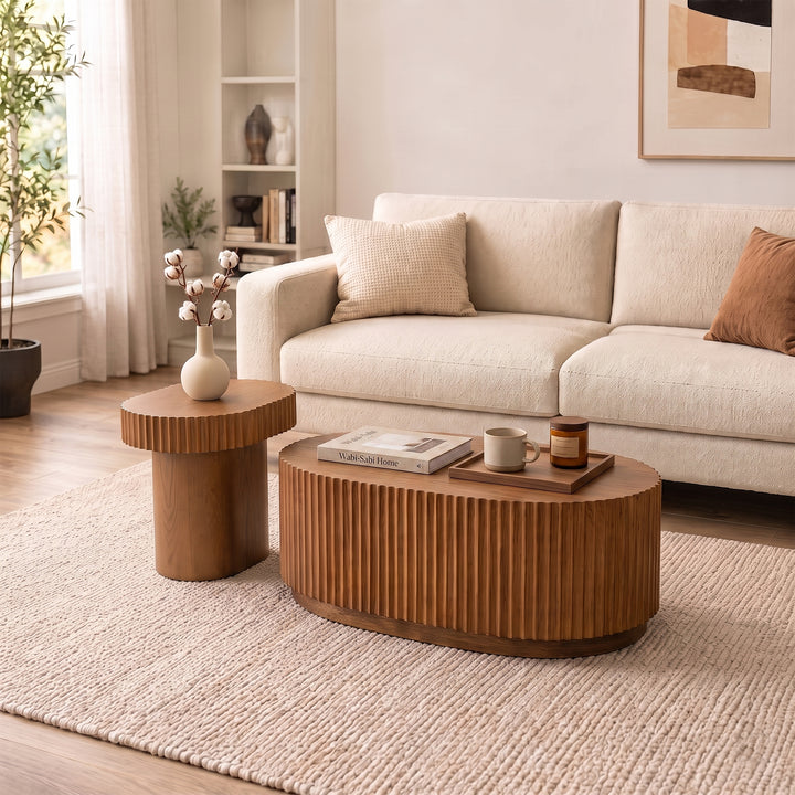 Timeless 2-Piece Mid-Century Modern Coffee Table Set with Oval Drum Coffee Table & Round Pedestal Side Table, Walnut Brown #25037
