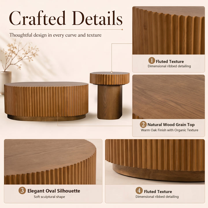 Timeless 2-Piece Mid-Century Modern Coffee Table Set with Oval Drum Coffee Table & Round Pedestal Side Table, Walnut Brown #25037