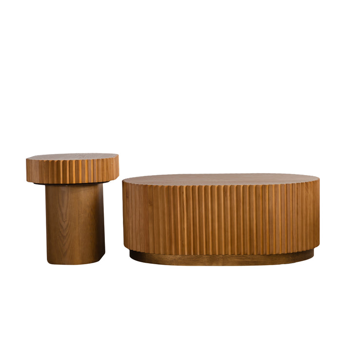 Timeless 2-Piece Mid-Century Modern Coffee Table Set with Oval Drum Coffee Table & Round Pedestal Side Table, Walnut Brown #25037