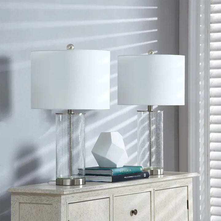 Maxax 23" Modern Glass Table Lamps Set of 2, 3-Way Dimmable Bedside Nightstand Lamps with Clear Bubble Glass, Gold End Table Lamps with White Fabric Shade for Living Room Bedrooms #T27