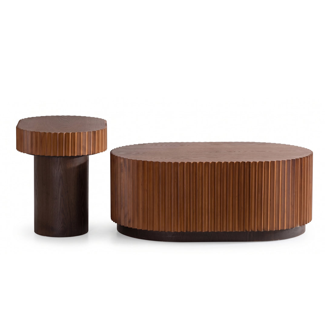 Timeless 2-Piece Mid-Century Modern Coffee Table Set with Oval Drum Coffee Table & Round Pedestal Side Table, Walnut Brown #25037