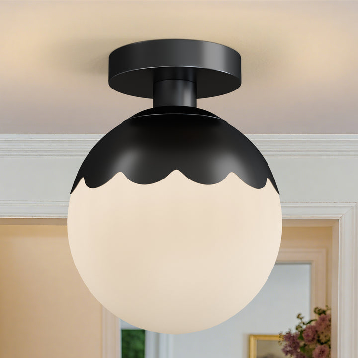 7.78 "-1 Light Paint Black /Brushed Brass /Brushed Nickel Modern Minimalist Milky White Glass Globe Semi Flush Mount Lighting Fixture For Bedroom/Hallway ＃C001